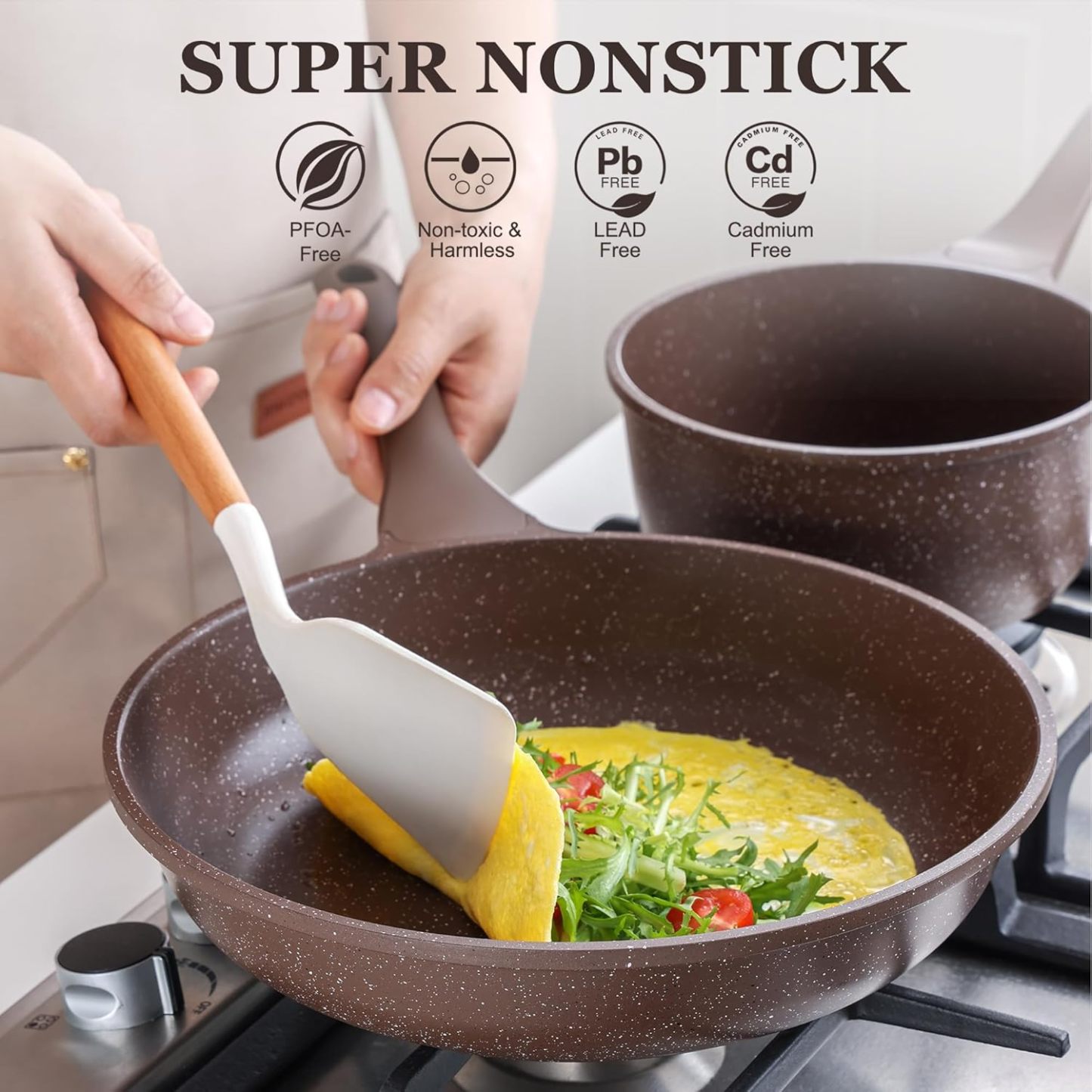 Nonstick Cookware Set 13-Piece, Healthy Pots and Pans Set Non-toxic Kitchen Cooking Set with Granite Coating, Stay-Cool Handles, Silicone Utensils and Pot Protectors, PFOA Free
