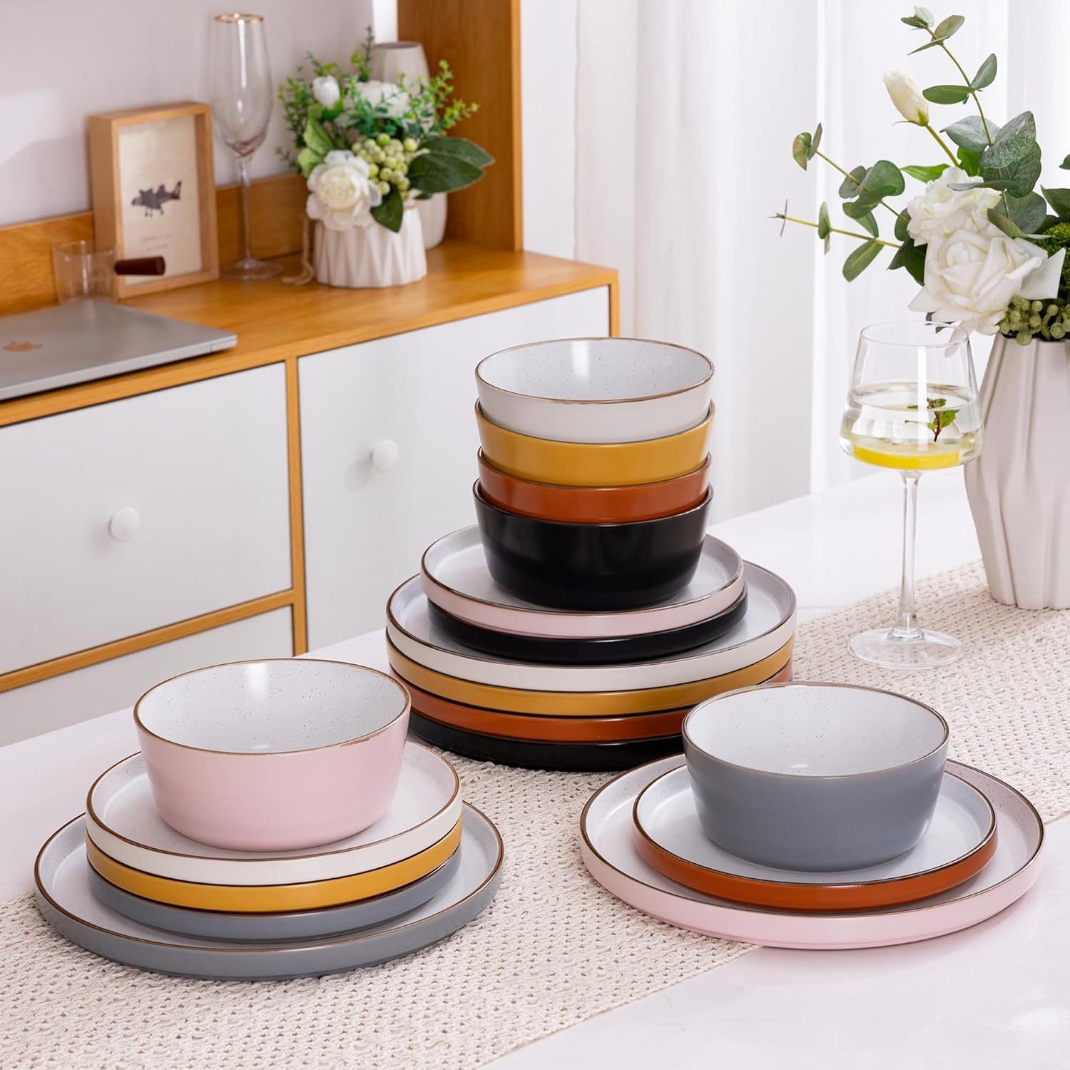 Dinnerware Sets of 6, 18 Piece Plates and Bowls Set, Chip and Crack Resistant, Dishwasher & Microwave Safe Ceramic Dishes Set