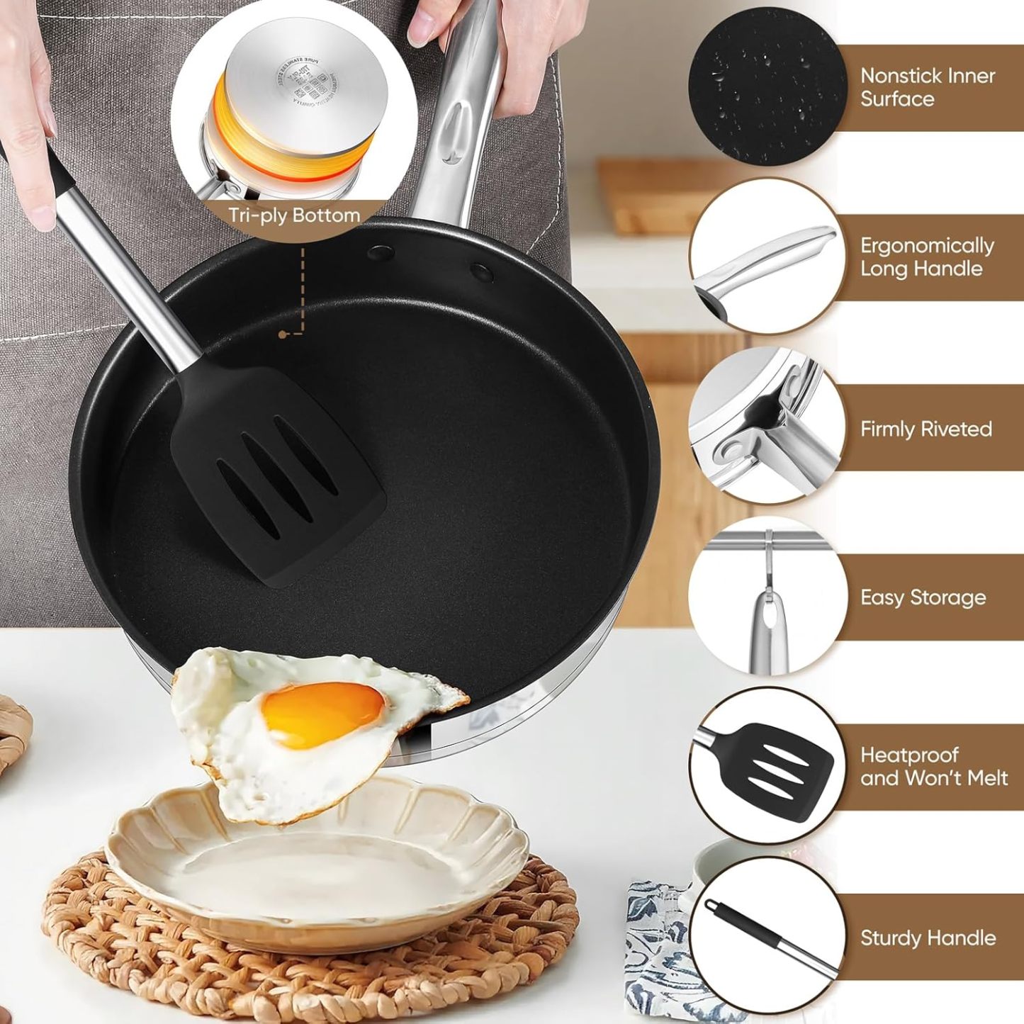 10-Piece Stainless Steel Cookware, Kitchen Cooking Pots and Pans Set w/Stock Pot Saucepan Sauté Pan Frying Pans 6PCS Silicone Cooking Utensils, Induction, Oven, Dishwasher Safe