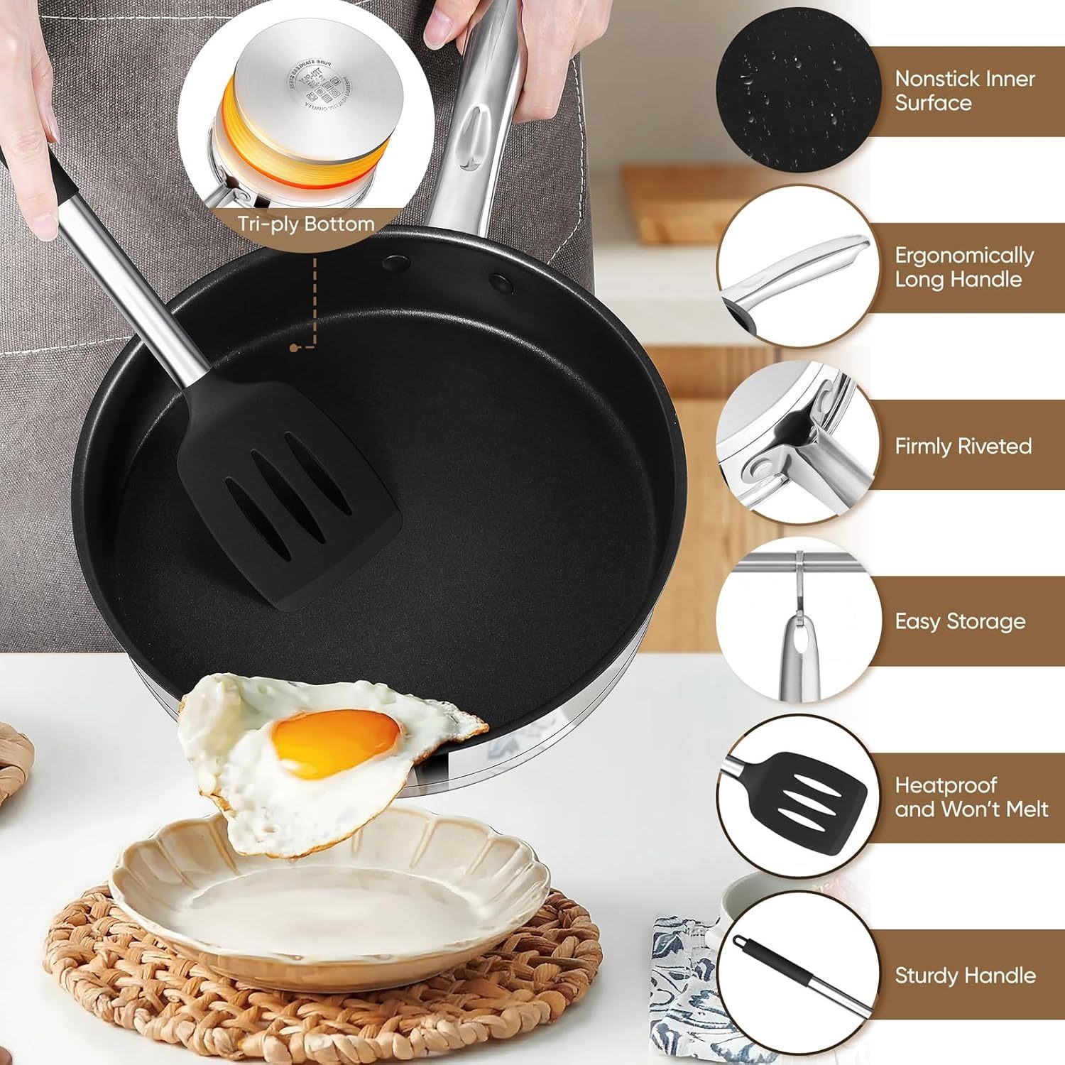 10-Piece Stainless Steel Cookware, Kitchen Cooking Pots and Pans Set w/Stock Pot Saucepan Sauté Pan Frying Pans 6PCS Silicone Cooking Utensils, Induction, Oven, Dishwasher Safe