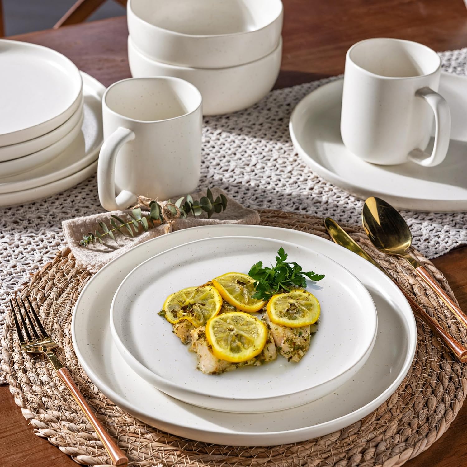 Ceramic Dinnerware Sets, Wavy Rim Stoneware Plates and Bowls Sets, Highly Chip and Crack Resistant | Dishwasher & Microwave & Oven Safe Dishes set, Service for 6 (18pc)-Matte Speckled White