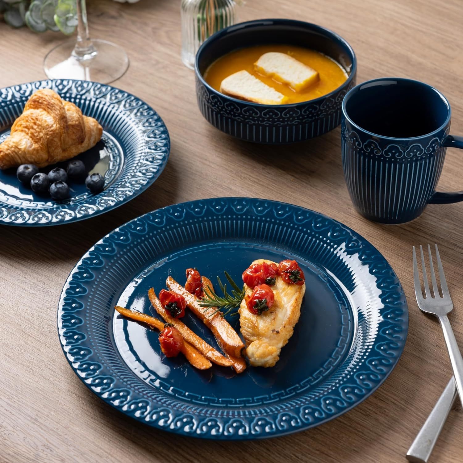 Ceramic Dinnerware Sets for 4, 12 Pieces Blue Plates and Bowls Set with Embossed Royal Pattern, Scratch Resistant Stoneware Dish Sets for Dinner, Dishwasher & Microwave Safe
