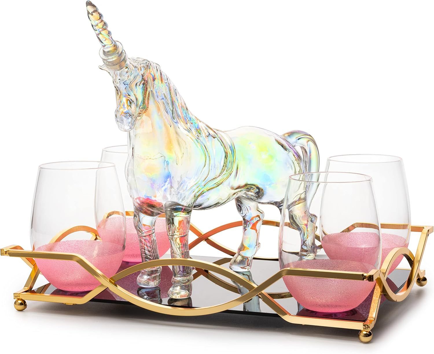 Iridescent Unicorn Wine Whiskey Decanter Set 750ml With 4 Pink Sparkle Glasses for Wine, Whiskey, Scotch, Tequila or Any Drink