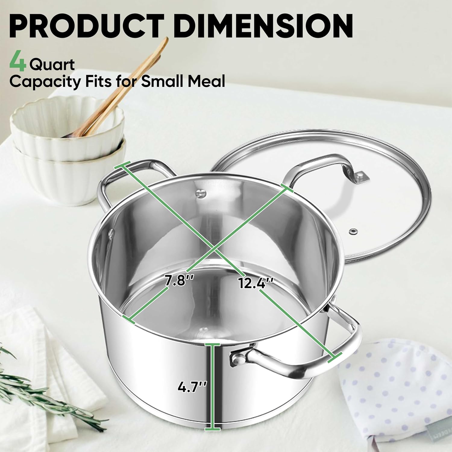 Tri-ply Base Stockpot Cooking Pasta Pot with Lid, for Induction Gas Glass Electric, Healthy & Heavy Duty, Ergonomic Handles & Straight Side, Dishwasher Safe