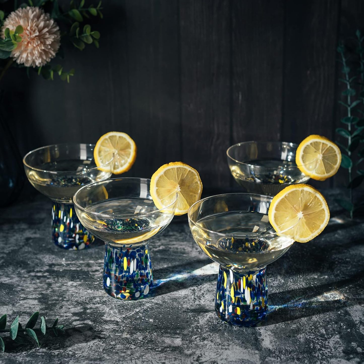 Set of 4 - Luxury Hand Blown Confetti Margaritas, Cocktails, Water, Wine, Dessert, Martini & Champagne Cinco de Mayo, Hand Blown
