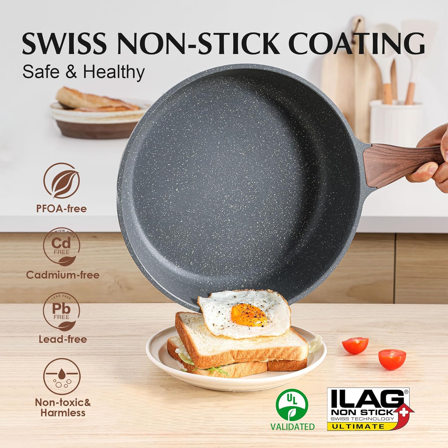 Nonstick Cookware Set 13-Piece, Non Stick Pots and Pans Set with Swiss Granite Coating, Non-toxic Kitchen Cooking Set, Stay-Cool Handles, PFOA Free