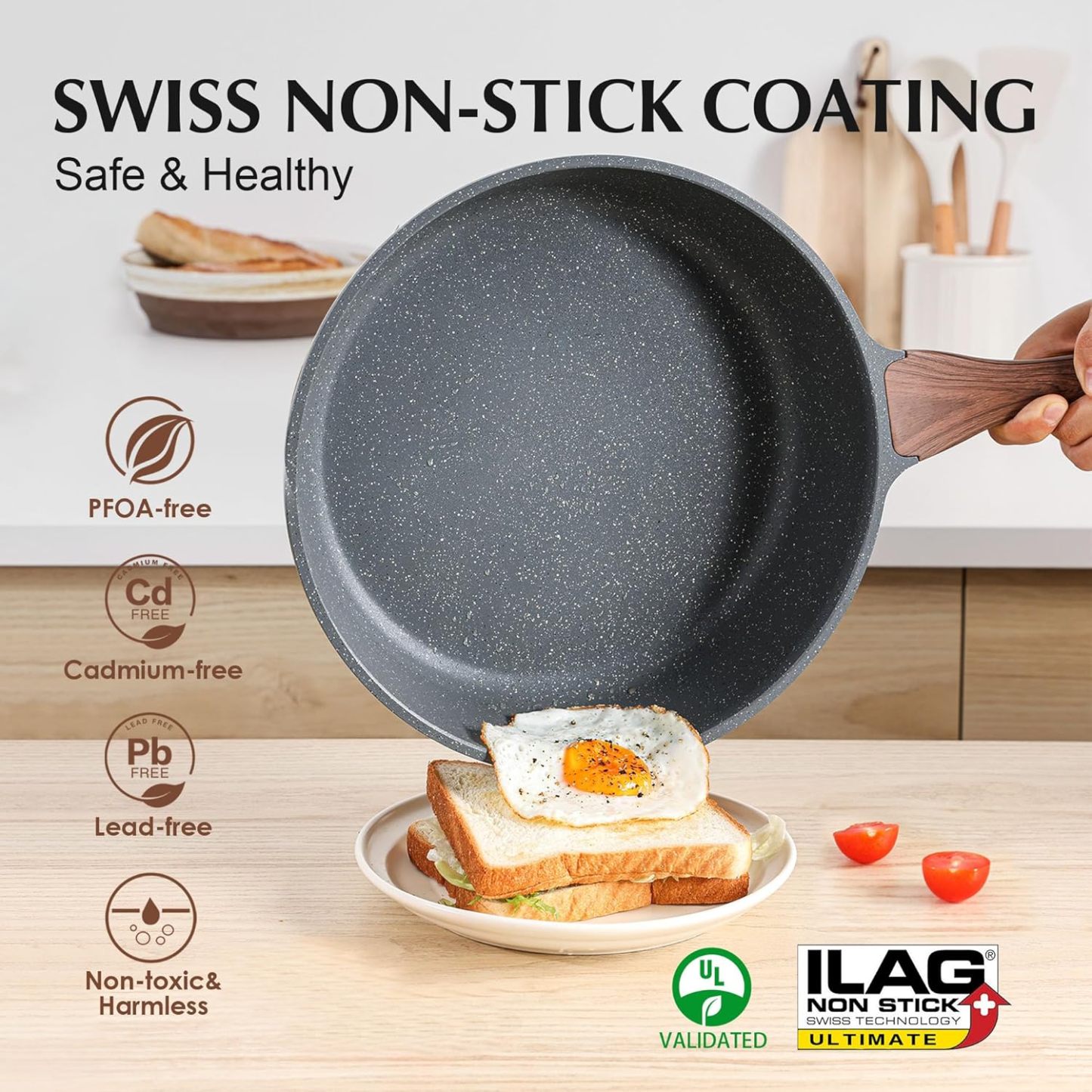 Nonstick Cookware Set 13-Piece, Non Stick Pots and Pans Set with Swiss Granite Coating, Non-toxic Kitchen Cooking Set, Stay-Cool Handles, PFOA Free