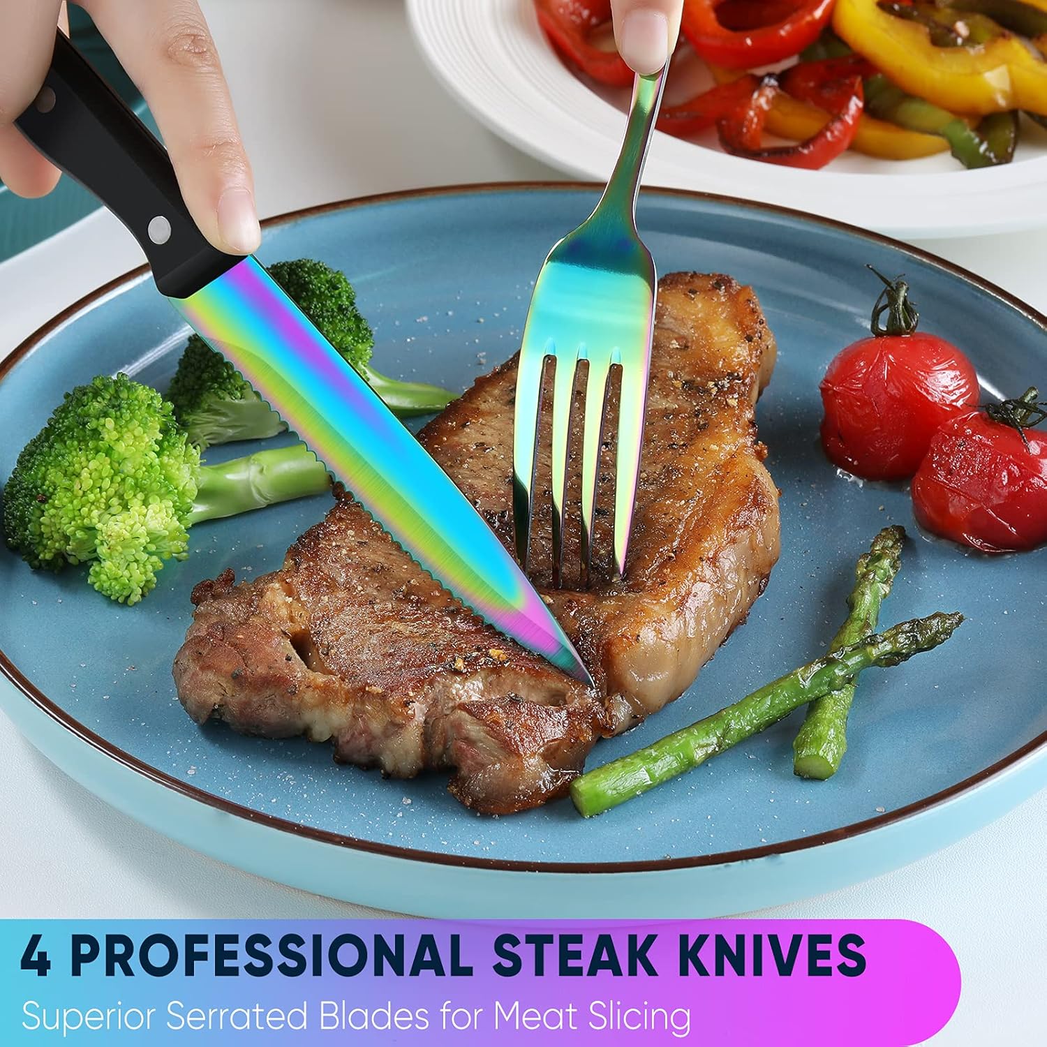 48 Pieces Rainbow Silverware Set with Steak Knives for 8, Stainless Steel Flatware Cutlery Set For Home Kitchen Restaurant, Dishwasher Safe