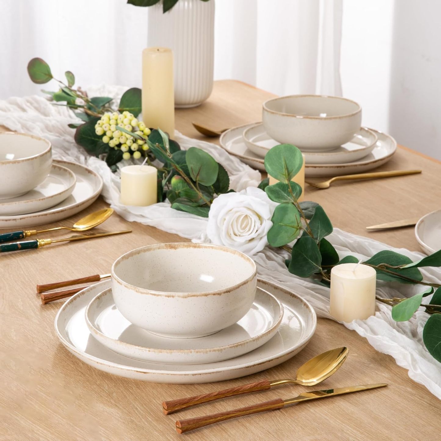 Ceramic Dinnerware Sets, Wavy Rim Stoneware Plates and Bowls Sets, Highly Chip and Crack Resistant | Dishwasher & Microwave Dishes set, Service for 6 (18pc)-Speckled Cappuccino