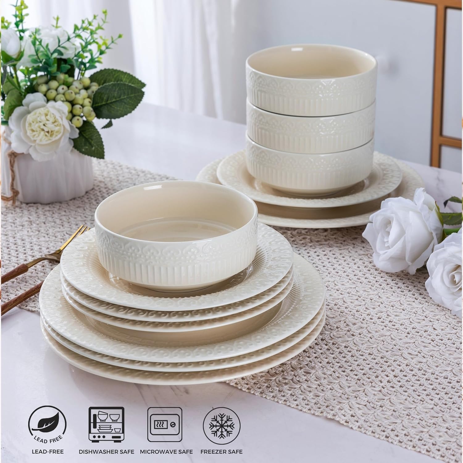 Ceramic Dinnerware Sets for 4, 12 Pieces Plates and Bowls Set with Embossed Royal Pattern, Scratch Resistant Stoneware Dish Sets for Dinner, Oven,Dishwasher & Microwave Safe