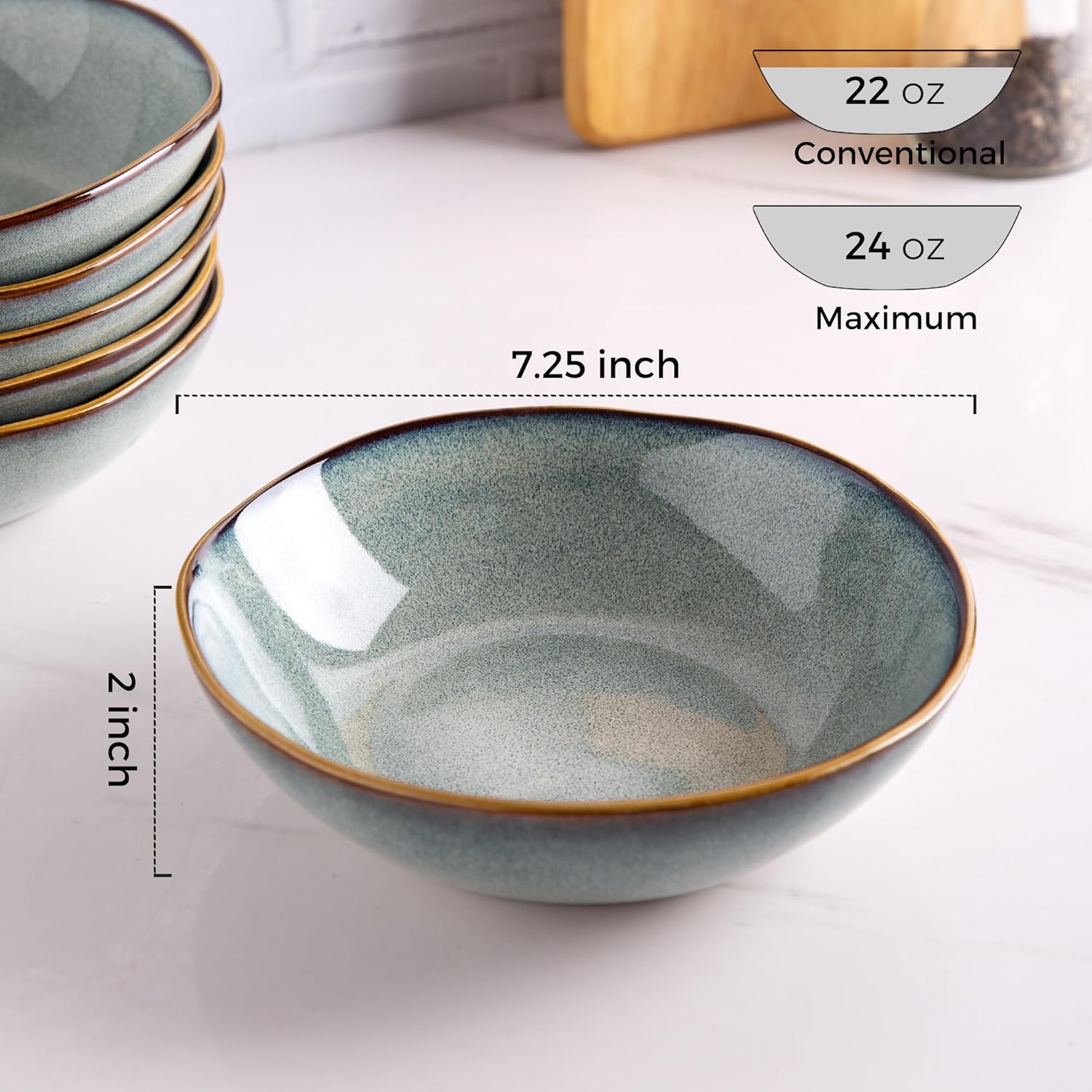 Ceramic Cereal Bowls Set of 4, 24 oz Handmade Stoneware Bowls for Cereal Soup Salad Bread, Stylish Kitchen Bowls for Meal, Dishwasher & Microwave Safe, Greenish Blue