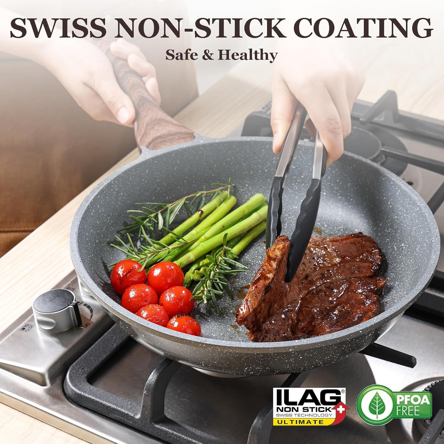 Nonstick Frying Pan Skillet with Lid, Omelet Pan with Cover, Healthy Egg Pan Chef's Pan, Kitchen Cooking Pan, PFOA Free (8inch + Glass Lid)