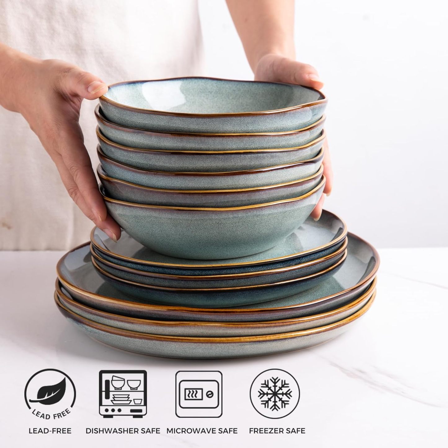 Ceramic Cereal Bowls Set of 4, 24 oz Handmade Stoneware Bowls for Cereal Soup Salad Bread, Stylish Kitchen Bowls for Meal, Dishwasher & Microwave Safe, Greenish Blue