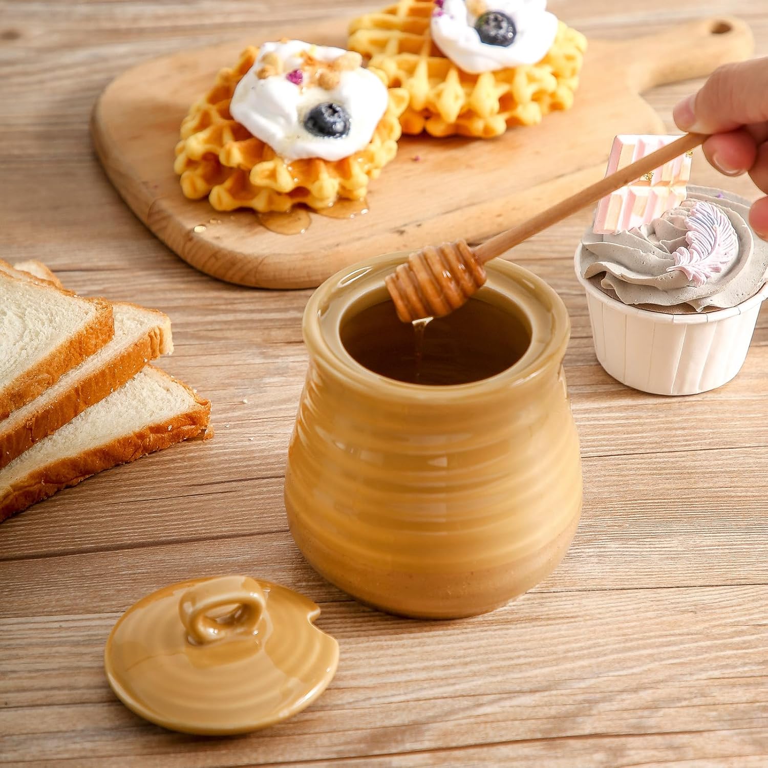 Ceramic Honey Jar and Dipper Set, 12 Ounce Honey Pot with Lid and Wooden Dipper, Porcelain Honey Dipper Stick and Jar Set