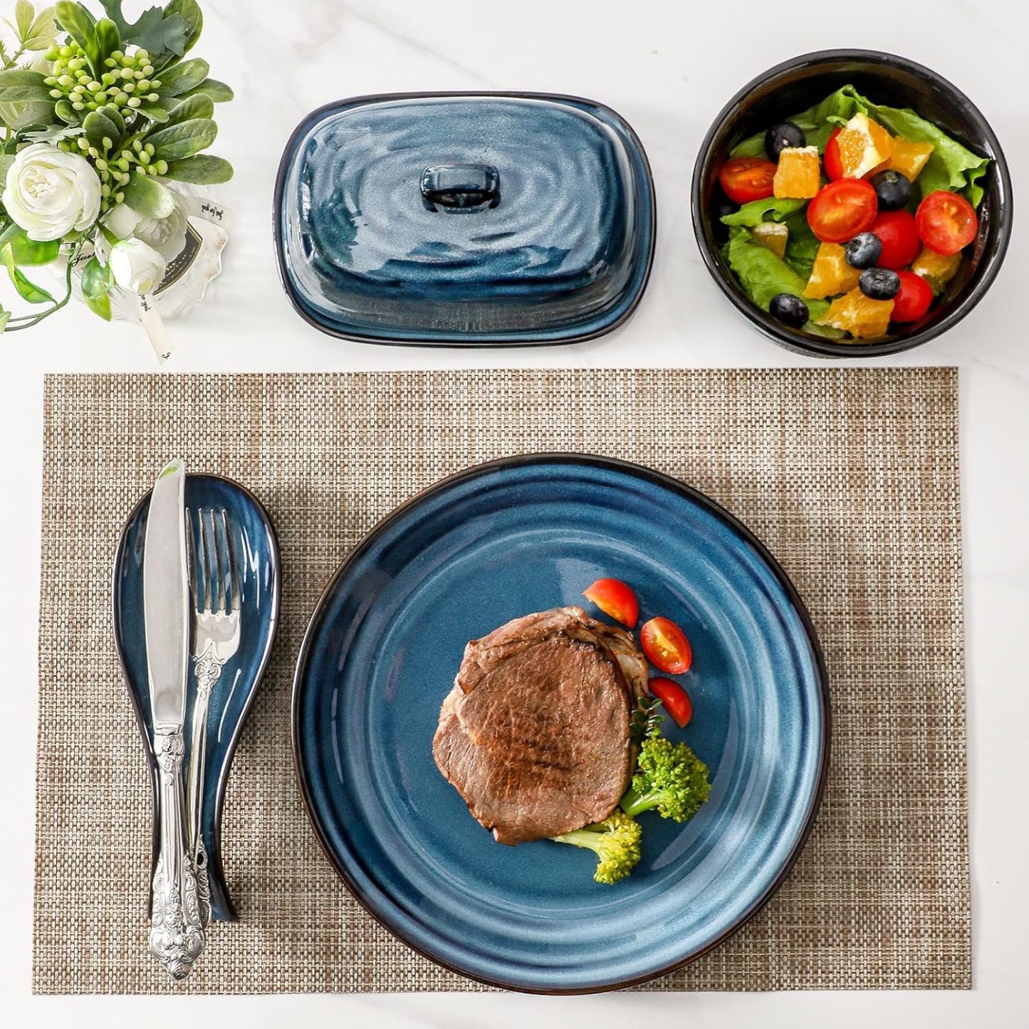 Butter Dish with Lid and Ceramic Spoon Rest Set for Countertop, 2 Pieces Navy Reactive Glaze Dinnerware Accessories Set Perfect for Home Decor