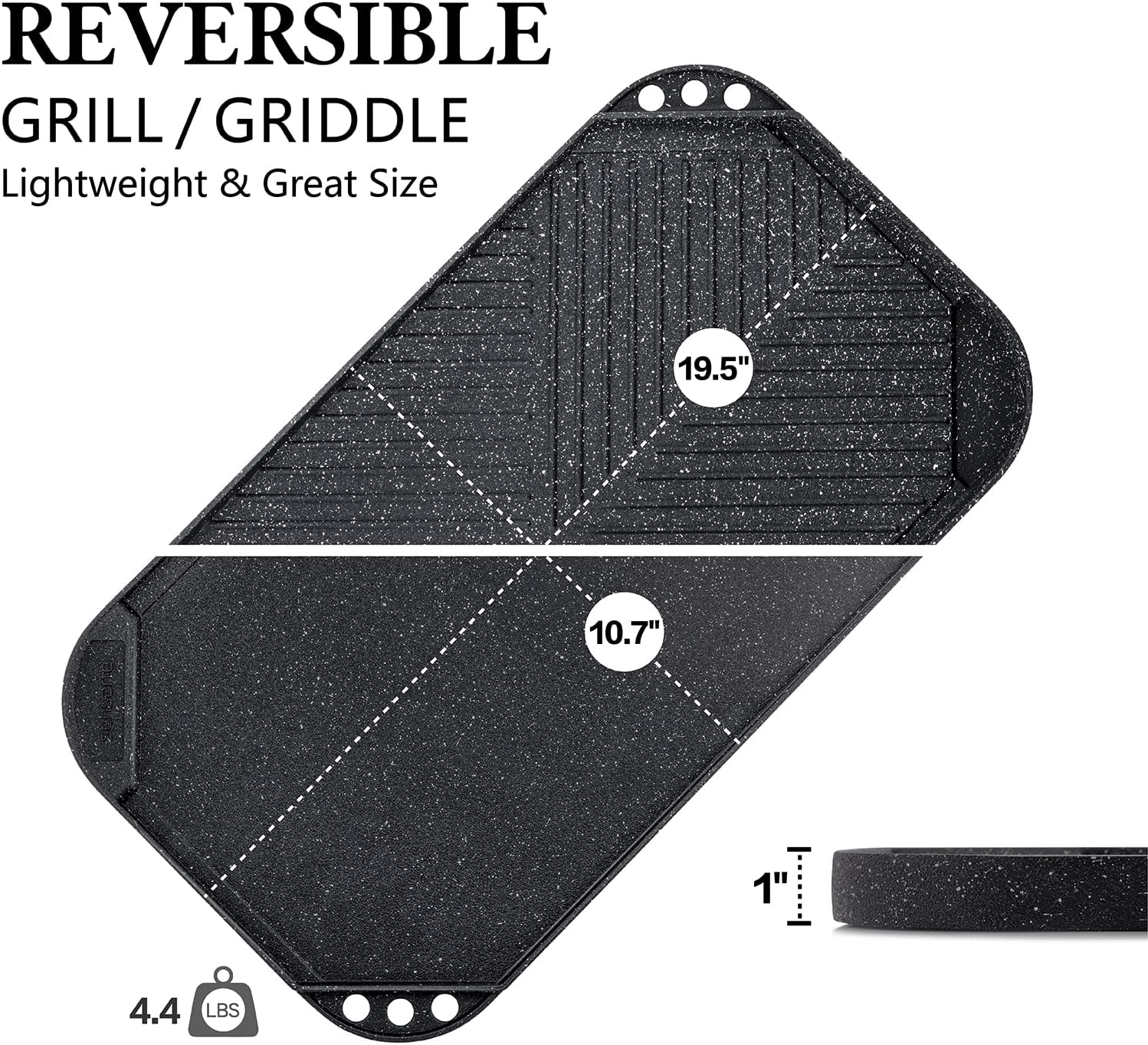 Nonstick Griddle Grill Pan, Pro-Grid Reversible Grill & Griddle Pan, Two Burner Cast Aluminum Griddle, Portable for Indoor Stovetop or Outdoor Camping BBQ, 19.5" x 10.7"