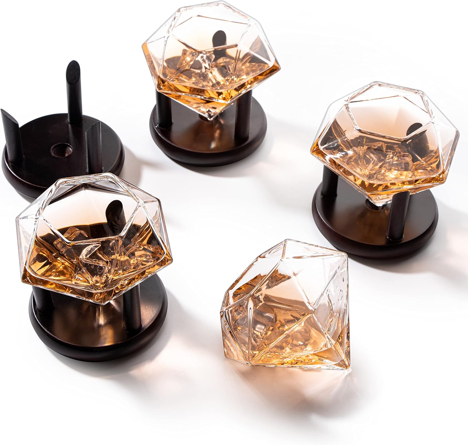 Set of 4 Diamond Whiskey & Wine Glasses With Wood Stands 10oz - Wine, Whiskey, Water, Diamond Shaped