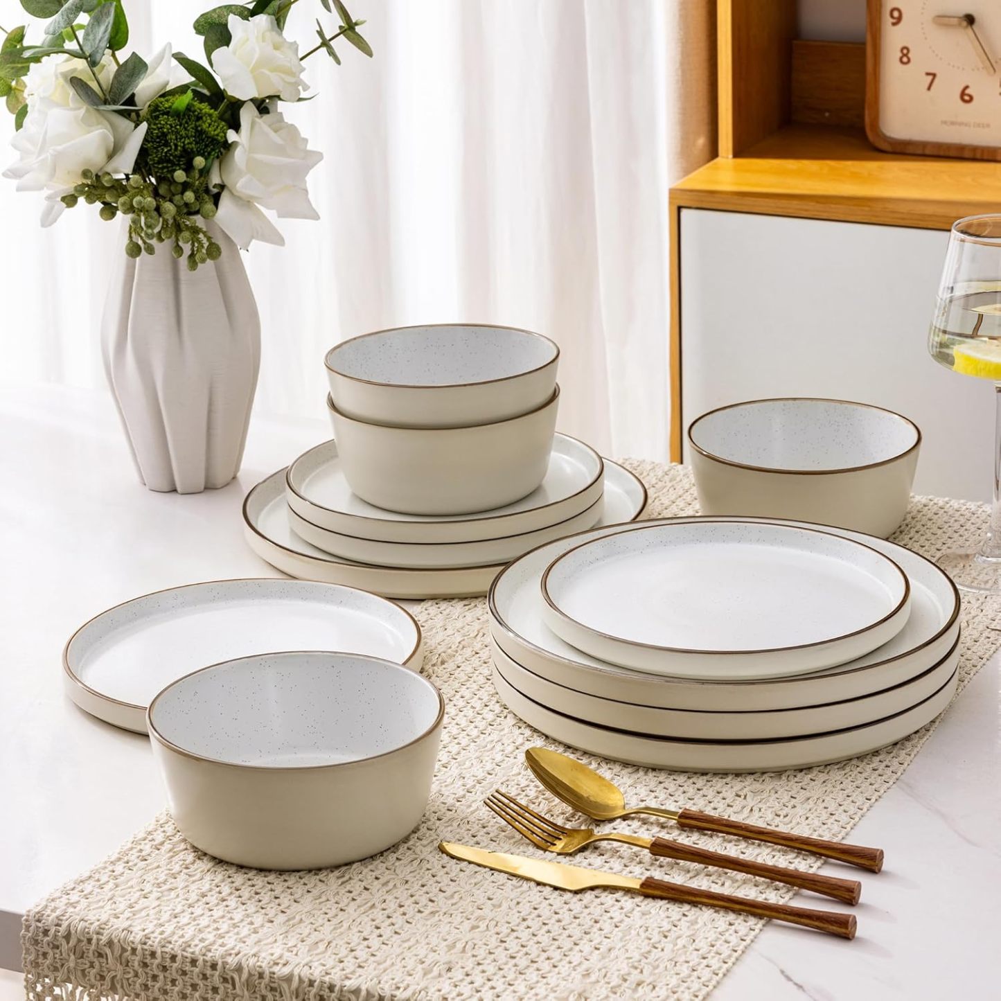 Dinnerware Set for 6, 18 Pieces Ceramic Plates and Bowls Set, Handcrafted Speckled Stoneware Plates Set, Dishwasher & Microwave Safe Dishes Set - (Cream, Service for 6)
