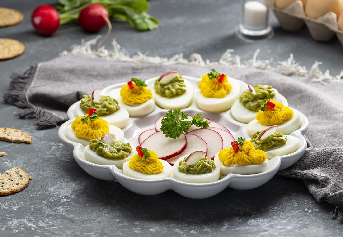 Deviled Egg Platter Tray, Ceramic Easter Egg Holder, Holds 12 Eggs, Ceramic Dish, Display Holder, Dishwasher Safe, Microwave Safe, freezer Safe, Sleek, 10 Inch Diameter, White