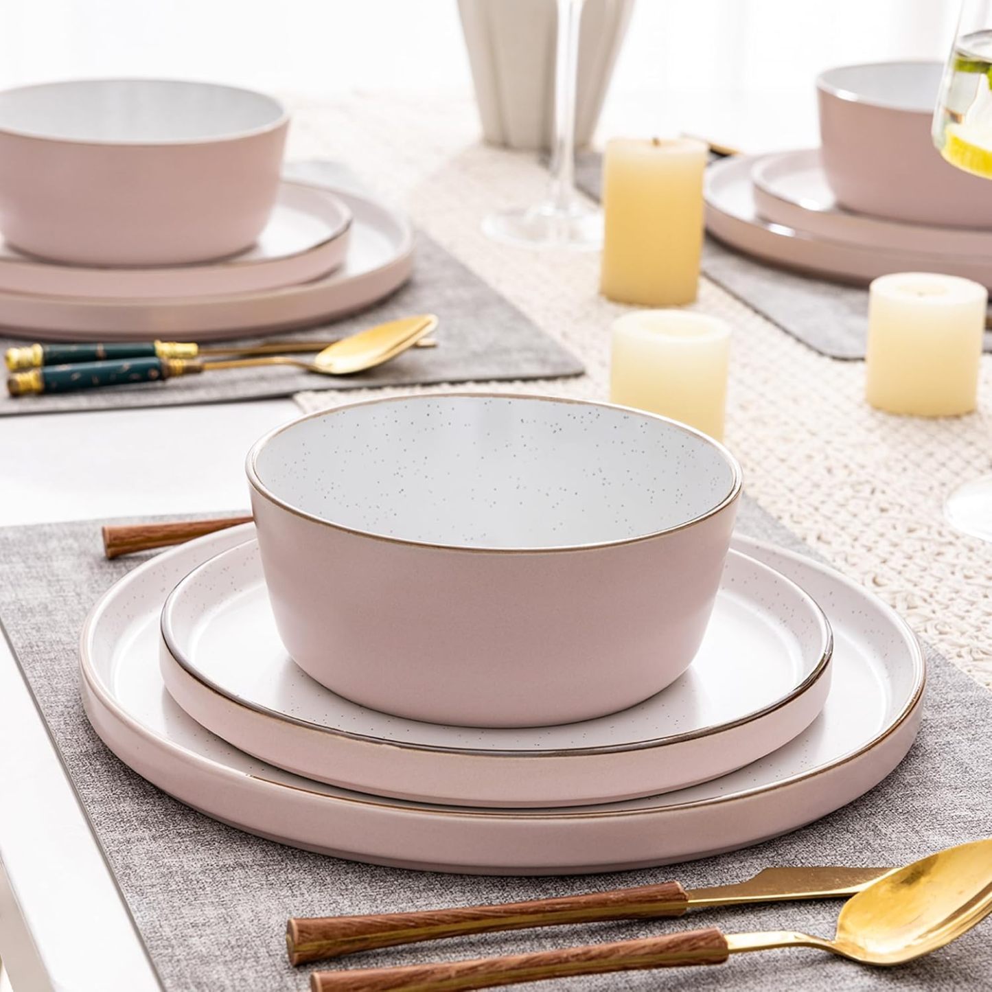 Dinnerware Set for 4, 12 Pieces Ceramic Plates and Bowls Set, Handcrafted Speckled Stoneware Plates Set, Dishwasher & Microwave Safe Dishes Set - (Pink, Service for 4)