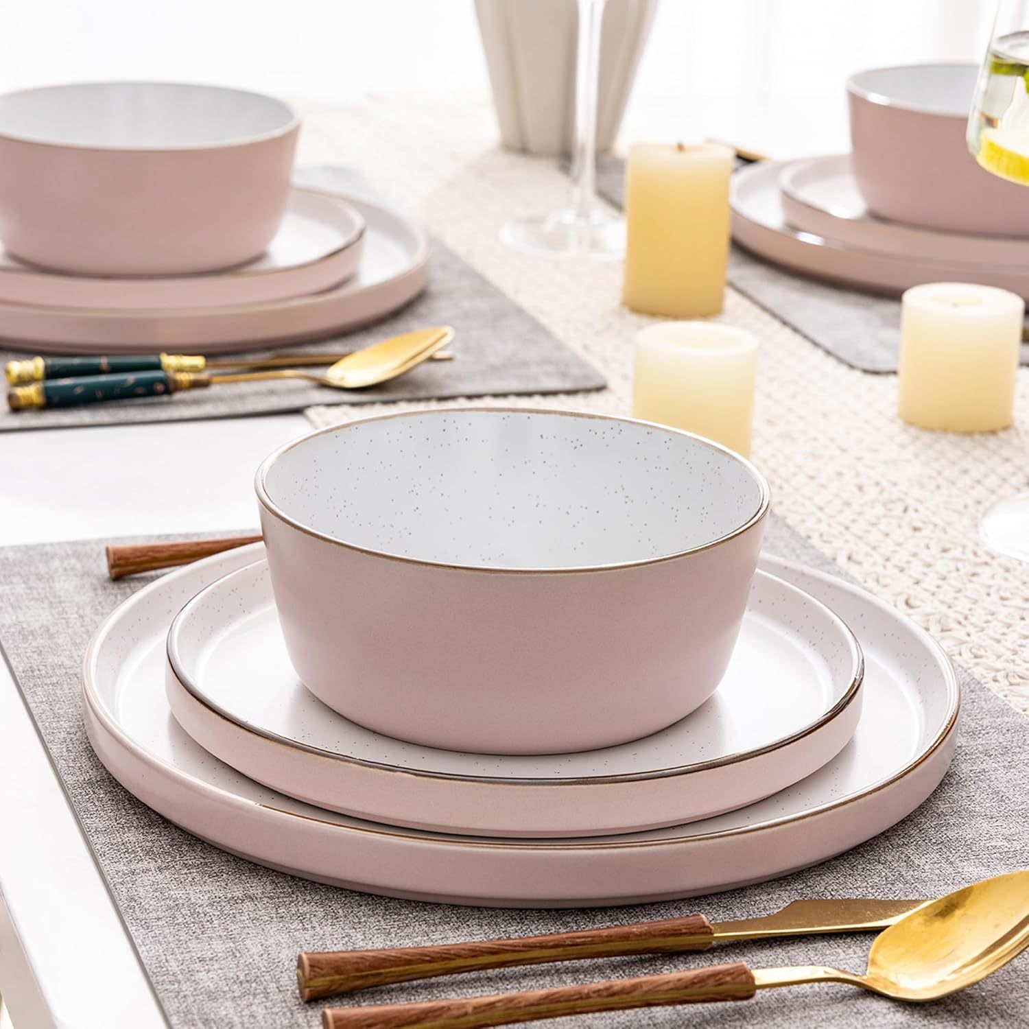 Dinnerware Set for 4, 12 Pieces Ceramic Plates and Bowls Set, Handcrafted Speckled Stoneware Plates Set, Dishwasher & Microwave Safe Dishes Set - (Pink, Service for 4)