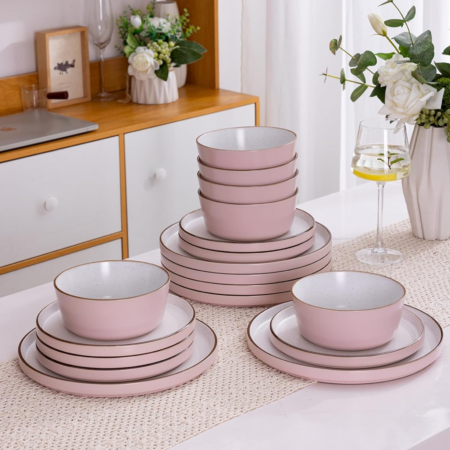 Dinnerware Set for 4, 12 Pieces Ceramic Plates and Bowls Set, Handcrafted Speckled Stoneware Plates Set, Dishwasher & Microwave Safe Dishes Set - (Pink, Service for 4)