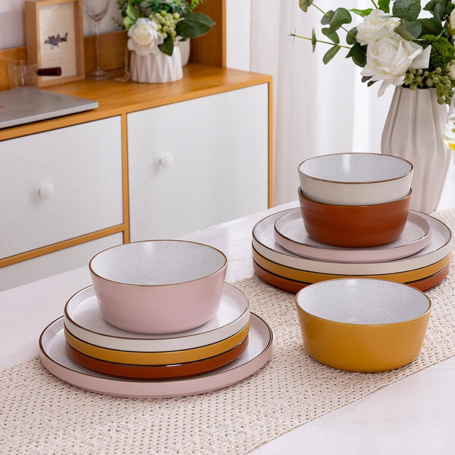 Dinnerware Set for 4, 12 Pieces Ceramic Plates and Bowls Set, Handcrafted Speckled Stoneware Plates Set, Dishwasher & Microwave Safe Dishes Set- (Multicolor, Service for 4)