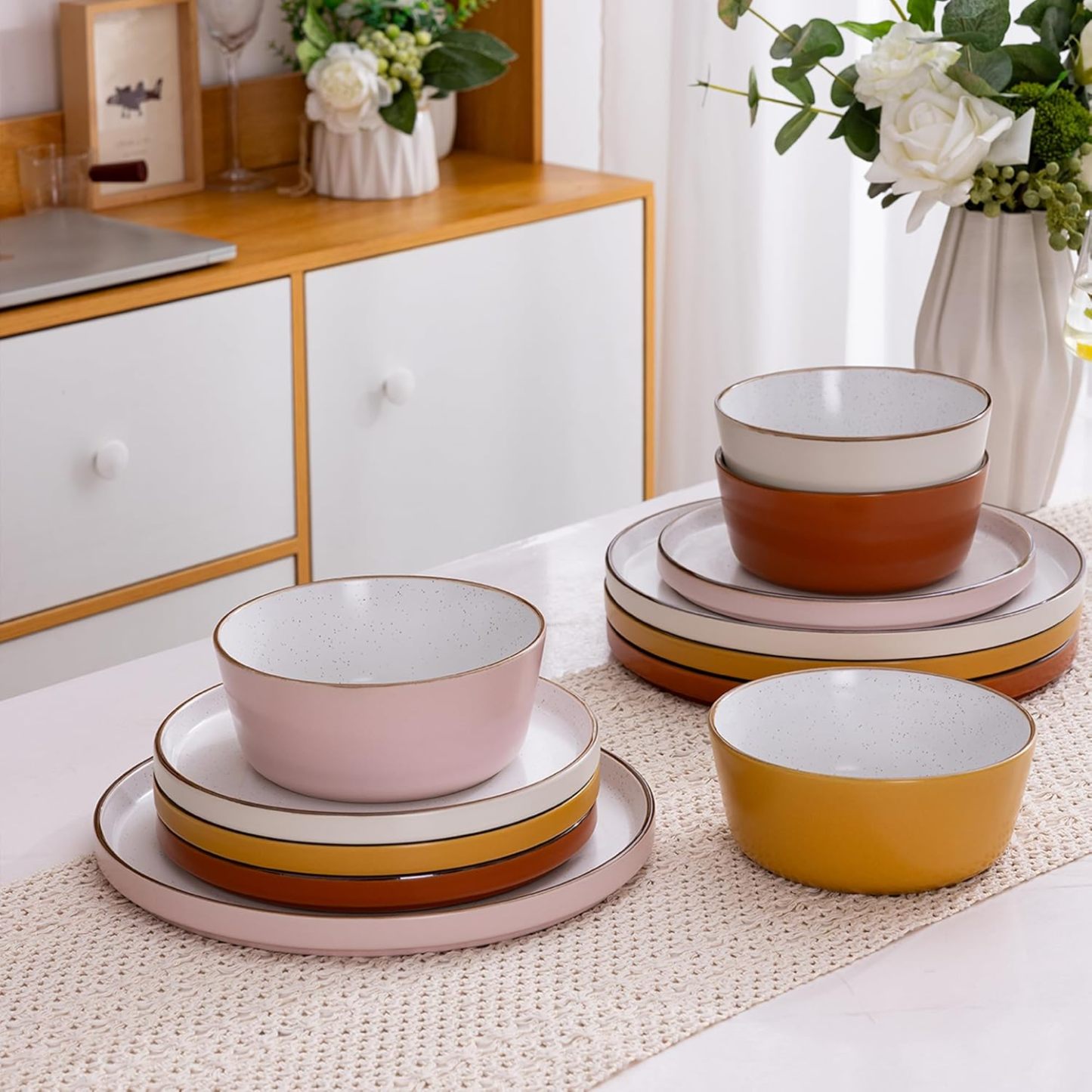 Dinnerware Set for 4, 12 Pieces Ceramic Plates and Bowls Set, Handcrafted Speckled Stoneware Plates Set, Dishwasher & Microwave Safe Dishes Set- (Multicolor, Service for 4)
