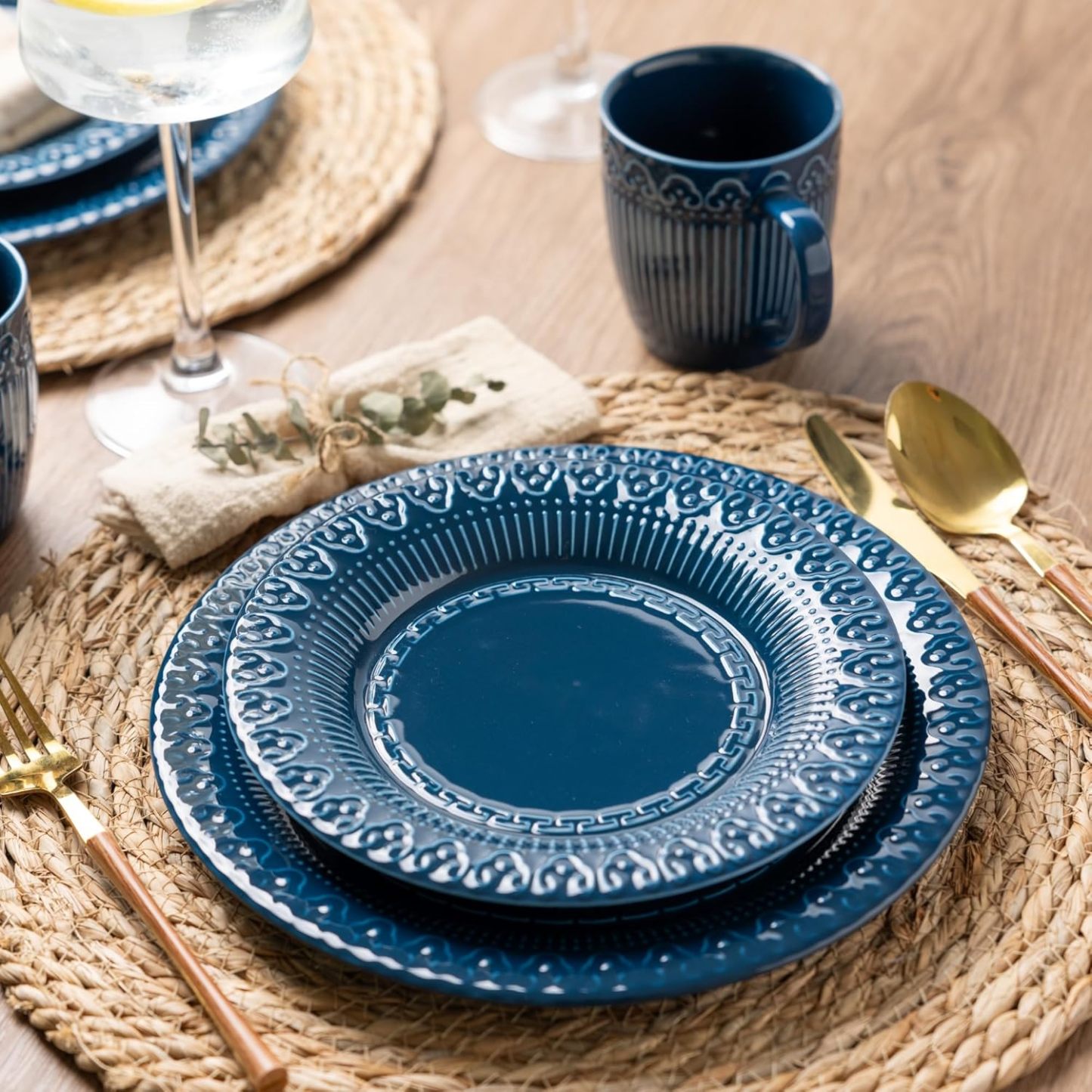 Ceramic Dinnerware Sets for 4, 12 Pieces Blue Plates and Bowls Set with Embossed Royal Pattern, Scratch Resistant Stoneware Dish Sets for Dinner, Dishwasher & Microwave Safe