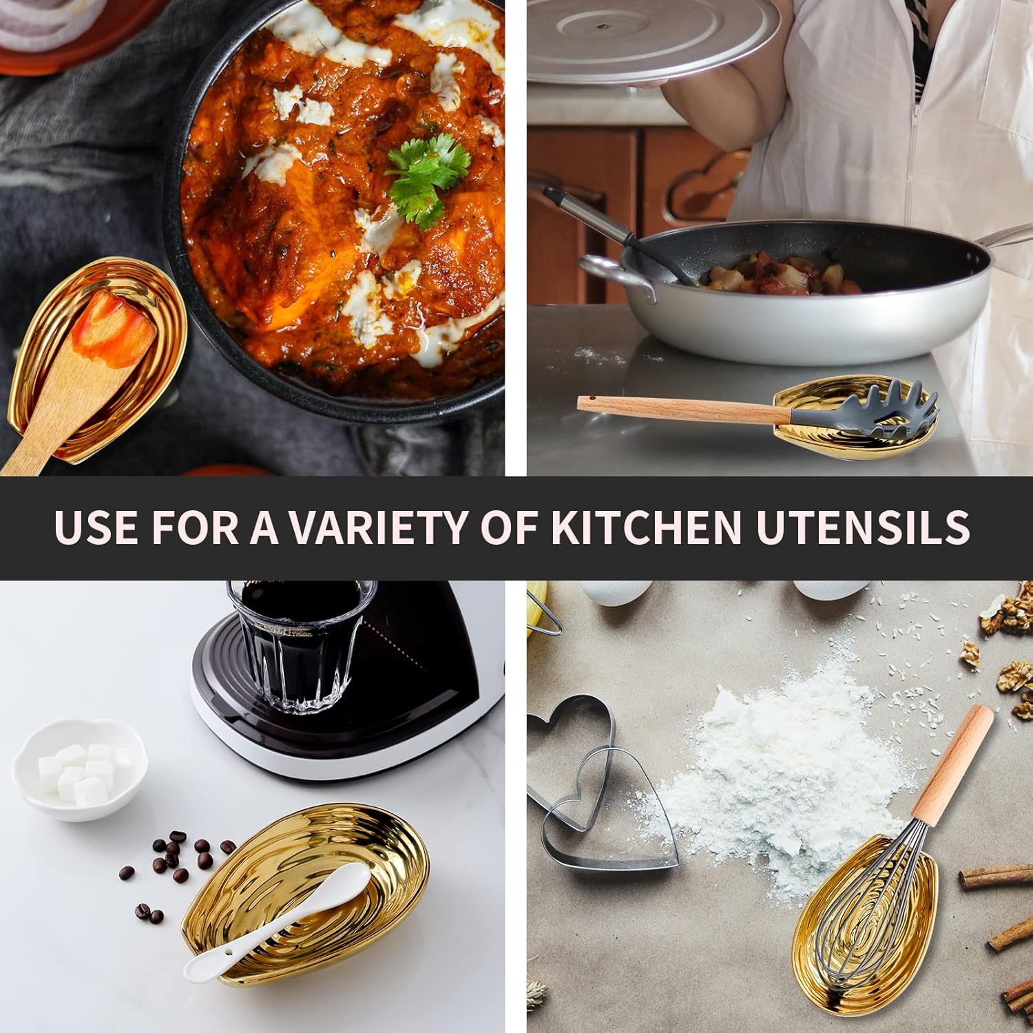 Spoon Rest for Stove Top, Ceramic Gold Spoon Holder for Stove Top and Kitchen Counter, Large Stable Heat-resistant Utensil Rest for Cooking, Spatula Ladles Tongs, Home Kitchen Decor, 1 PC