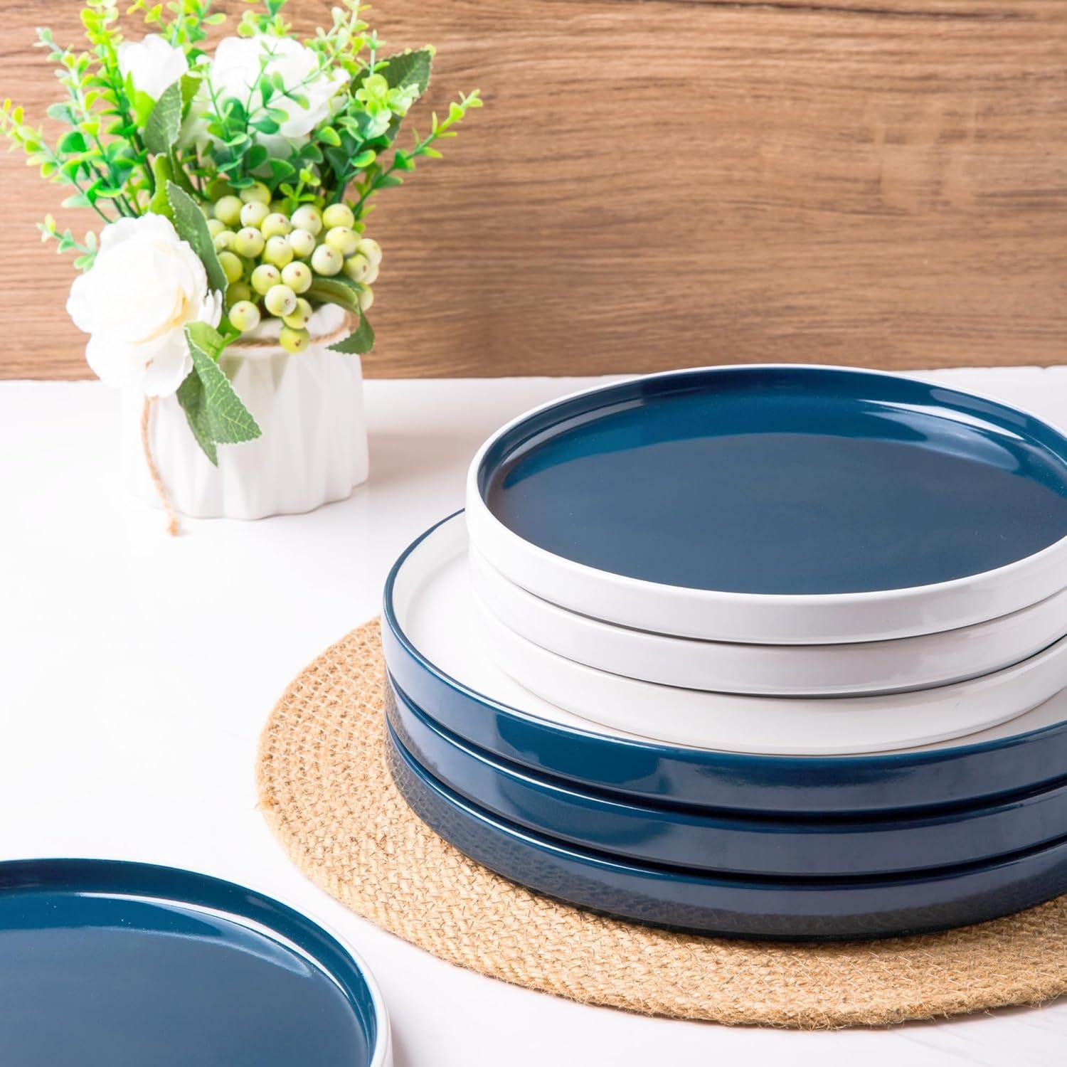 Dinnerware Sets for 4, 12 Piece Stoneware Plates and Bowls Set, Chip and Crack Resistant Plates Set, Dishwasher & Microwave Safe Ceramic Dishes Set - (Blue and White, Service for 4)