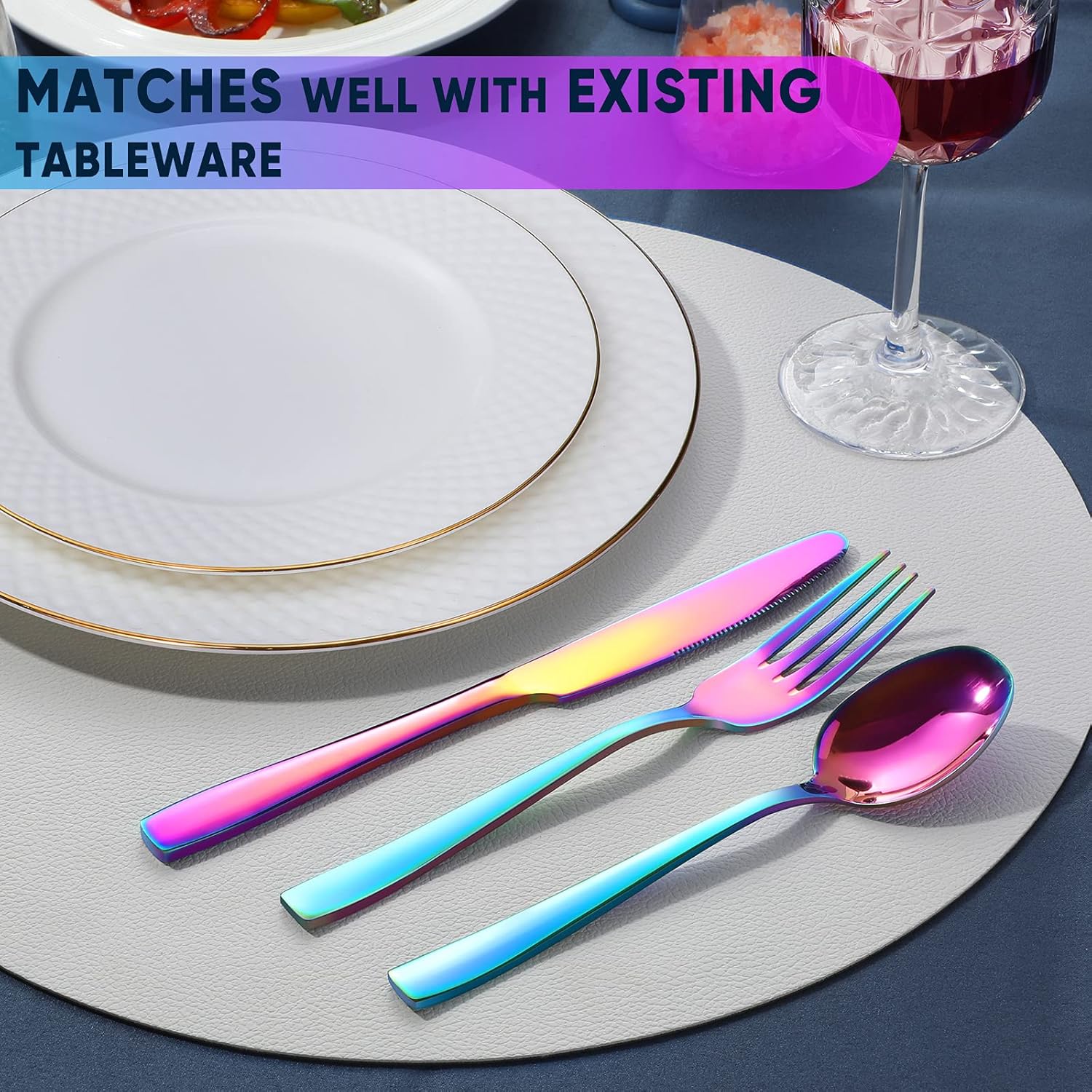 48 Pieces Rainbow Silverware Set with Steak Knives for 8, Stainless Steel Flatware Cutlery Set For Home Kitchen Restaurant, Dishwasher Safe