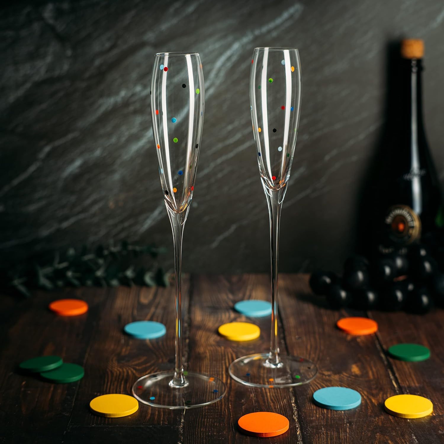 Polka Dot Champagne Flutes Glass 5.6oz Set of 2 Toasting Glasses, Wedding Party Champagne Cocktail Polka Dot