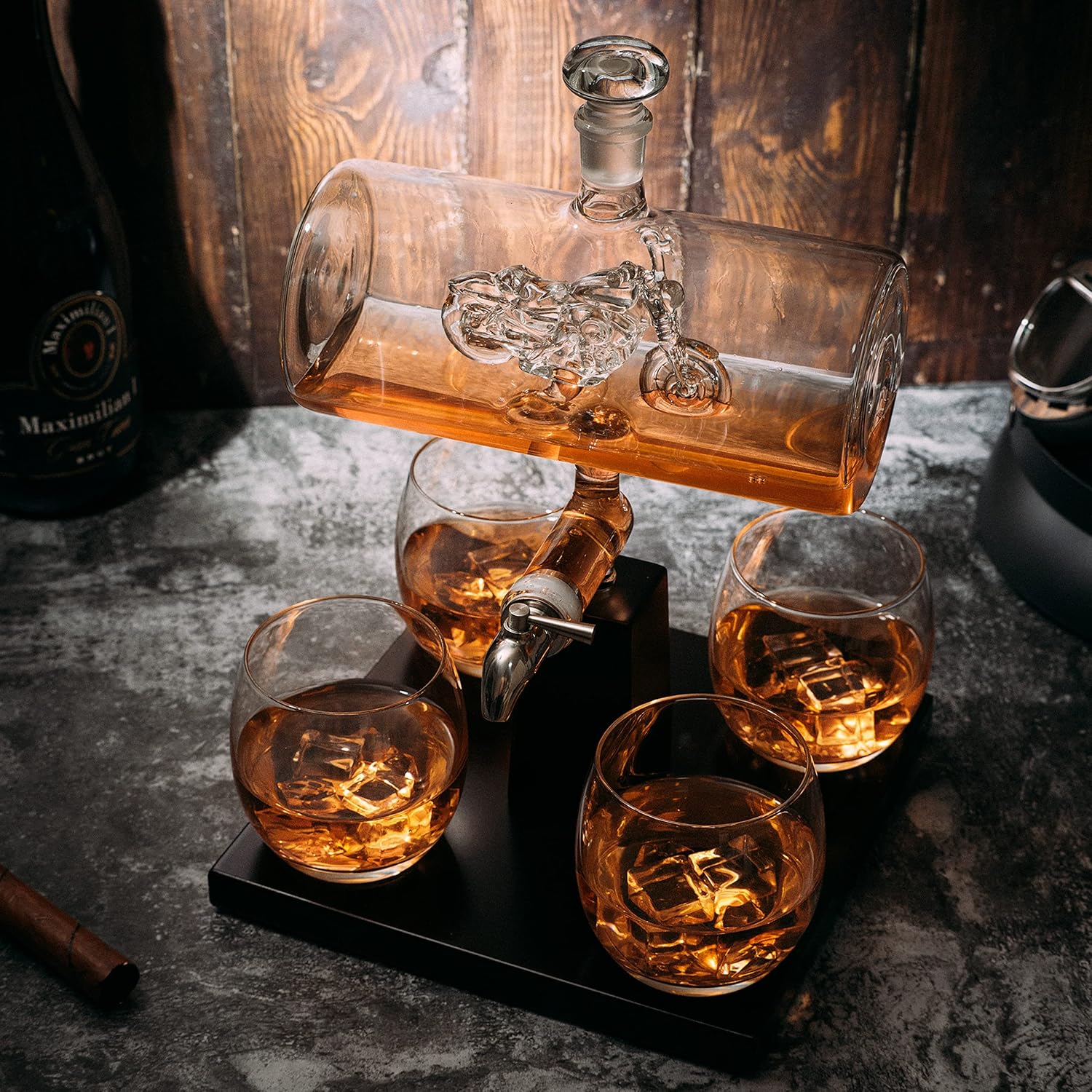 Motorcycle Decanter Whiskey & Wine Decanter Set With 4 Glasses, Motorcycle Gifts, Harley Davidson Motorbike