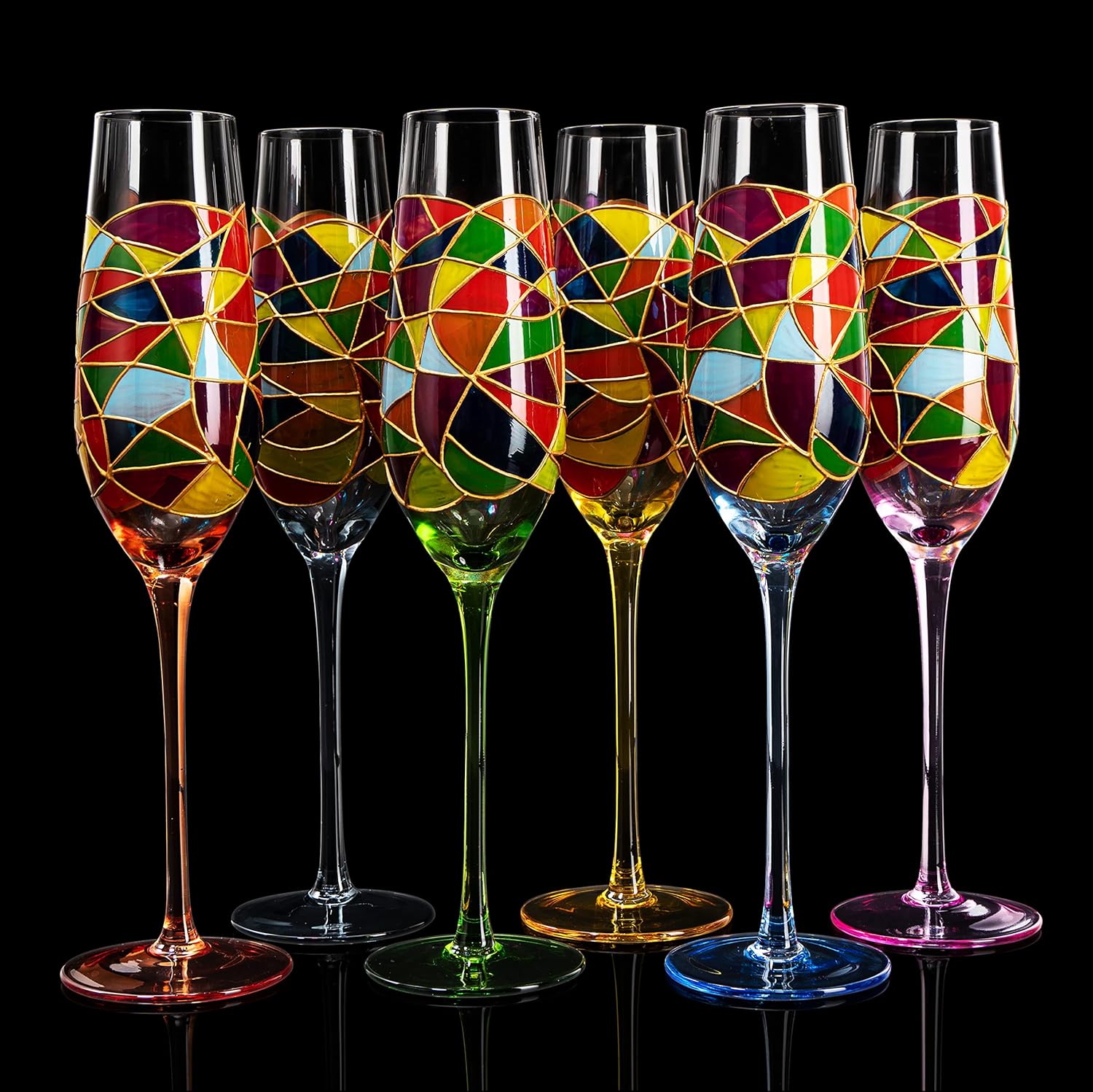 Hand Blown 7 Ounce Colorful Renaissance Champagne Glasses - 10.2" Tall, 2.7" Diameter