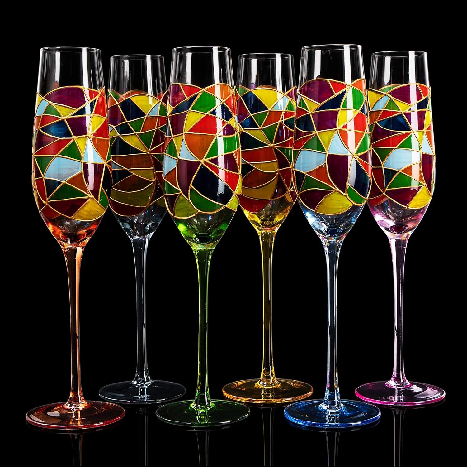 Hand Blown 7 Ounce Colorful Renaissance Champagne Glasses - 10.2" Tall, 2.7" Diameter