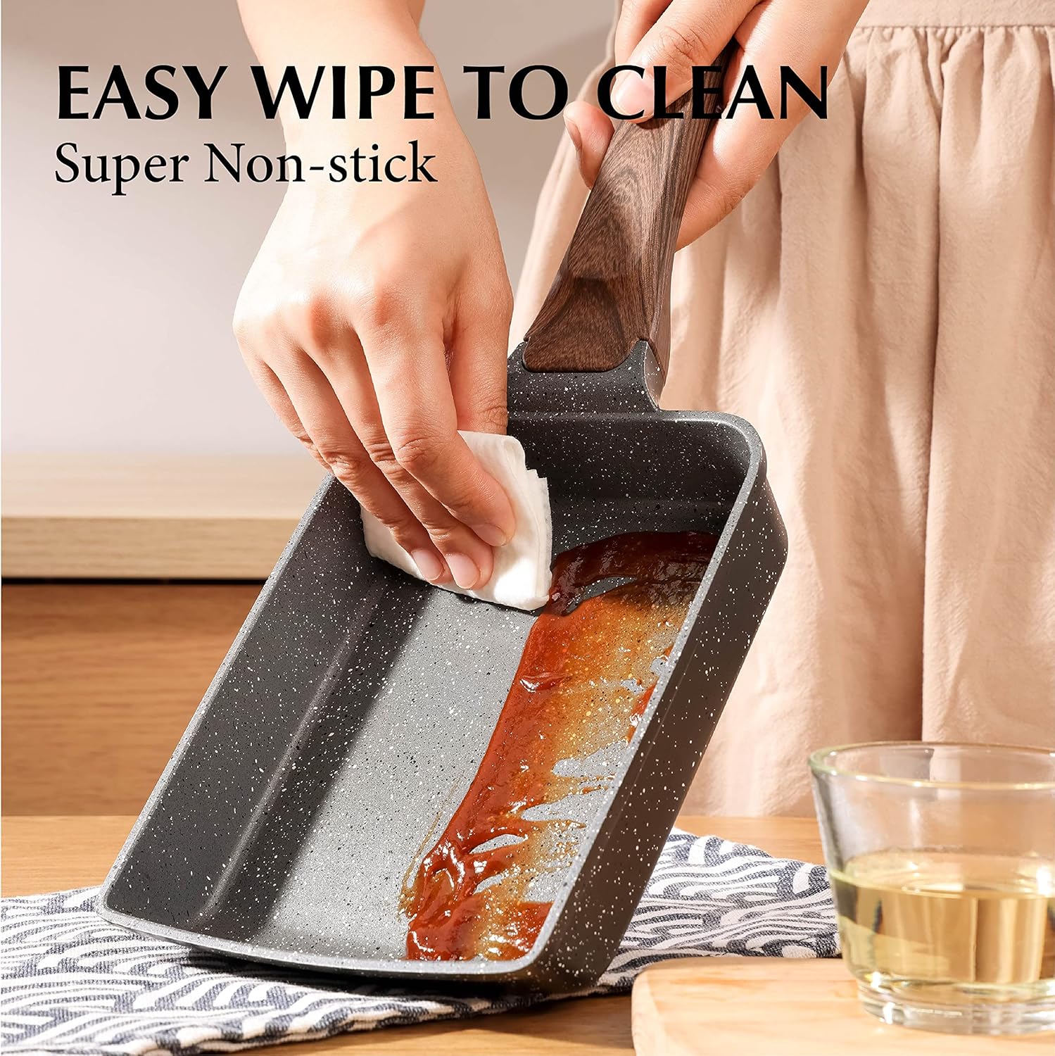 Japanese Omelette Pan, Tamagoyaki Egg Pan, Nonstick Frying Pan with Spatula, Healthy Granite Cookware, PFOS & PFOA Free, 6" x 7" (Grey)