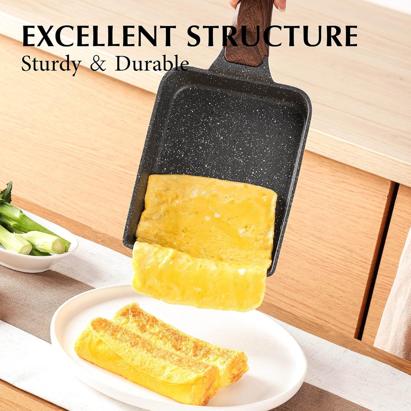 Japanese Omelette Pan, Tamagoyaki Egg Pan, Nonstick Frying Pan with Spatula, Healthy Granite Cookware, PFOS & PFOA Free, 6" x 7" (Grey)