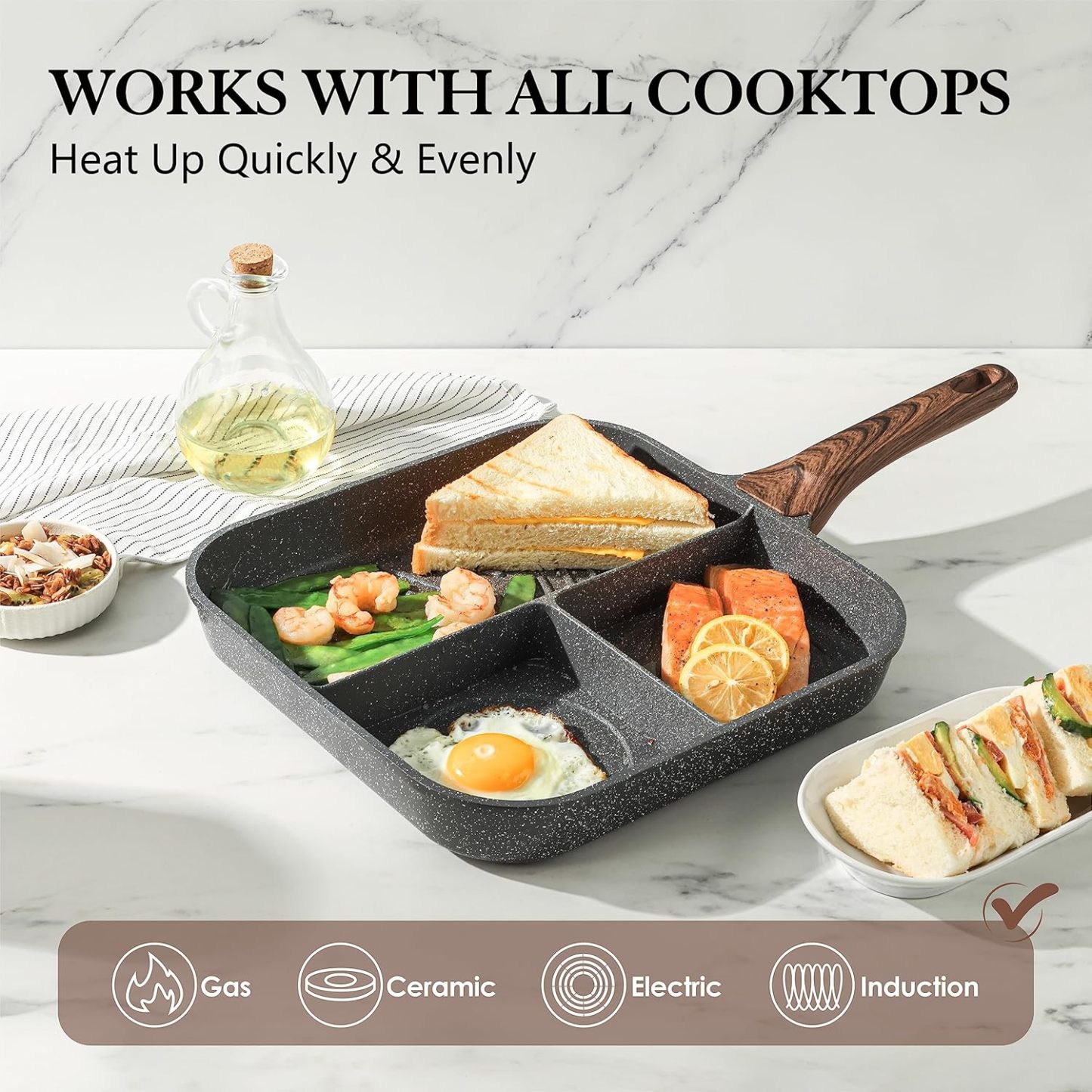 9.5 Inch Nonstick Divided Grill Pan for Stove Tops, 3-Section Versatile Breakfast Grilling Pan, Durable Square Grill Skillet, Steak Griddle Pan, PFOA, PFOS, APEO Free, Induction Compatible