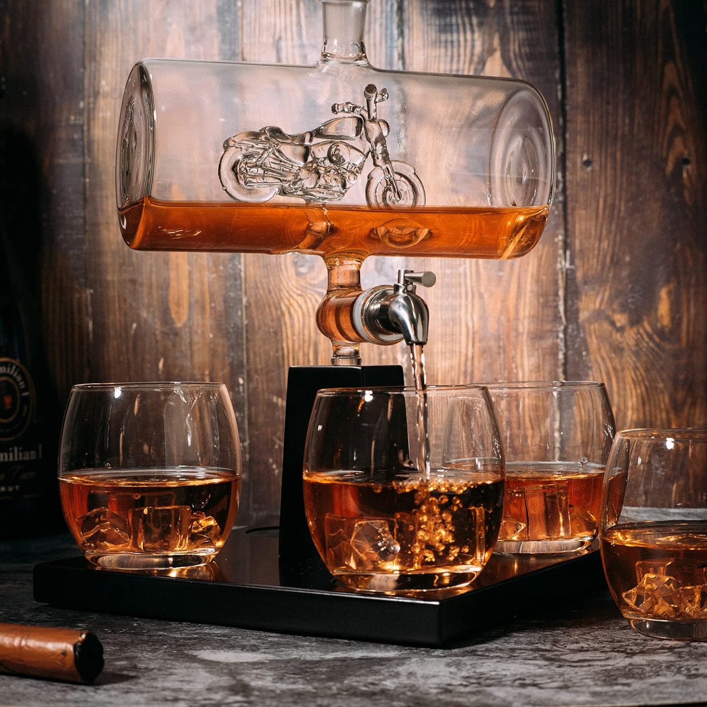 Motorcycle Decanter Whiskey & Wine Decanter Set With 4 Glasses, Motorcycle Gifts, Harley Davidson Motorbike