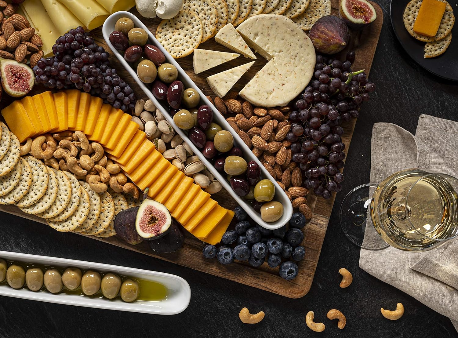 Olive Boat Tray, Set of 2, Charcuterie Tray, Grazing Table Supplies, Charcuterie Board Accessories, Ceramic Serving Dish, Narrow Canoe, Cheeses and Appetizers, Dishwasher Safe, 12”, White