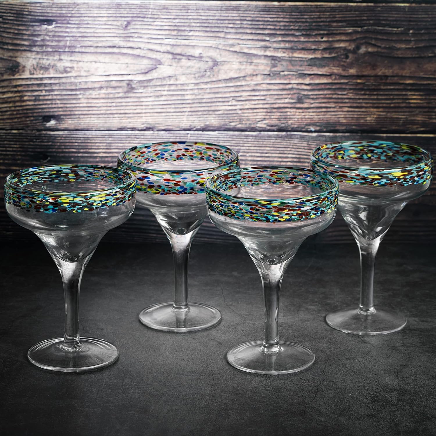 Margarita Glasses – Set of 4 - Luxury Hand Blown Confetti Margaritas, Cocktails, Water, Wine, Dessert, Martini & Champagne Cinco de Mayo
