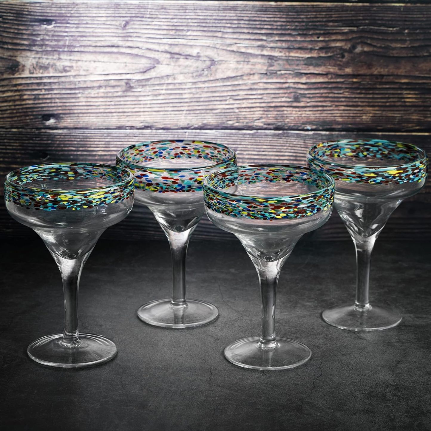 Margarita Glasses – Set of 4 - Luxury Hand Blown Confetti Margaritas, Cocktails, Water, Wine, Dessert, Martini & Champagne Cinco de Mayo