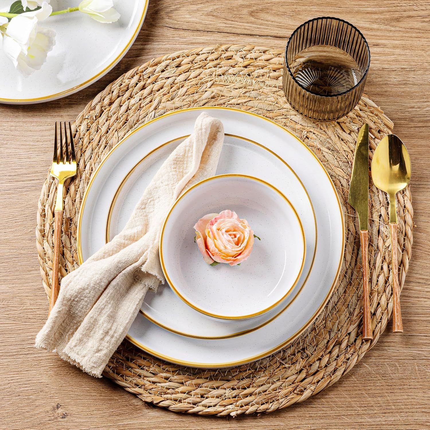 Dinnerware Set, 18 Pieces Ceramic Plates and Bowls Set, Stoneware Plates Set Handpainted, Dishwasher & Microwave Safe Dishes Set (Speckled White, Service for 6)