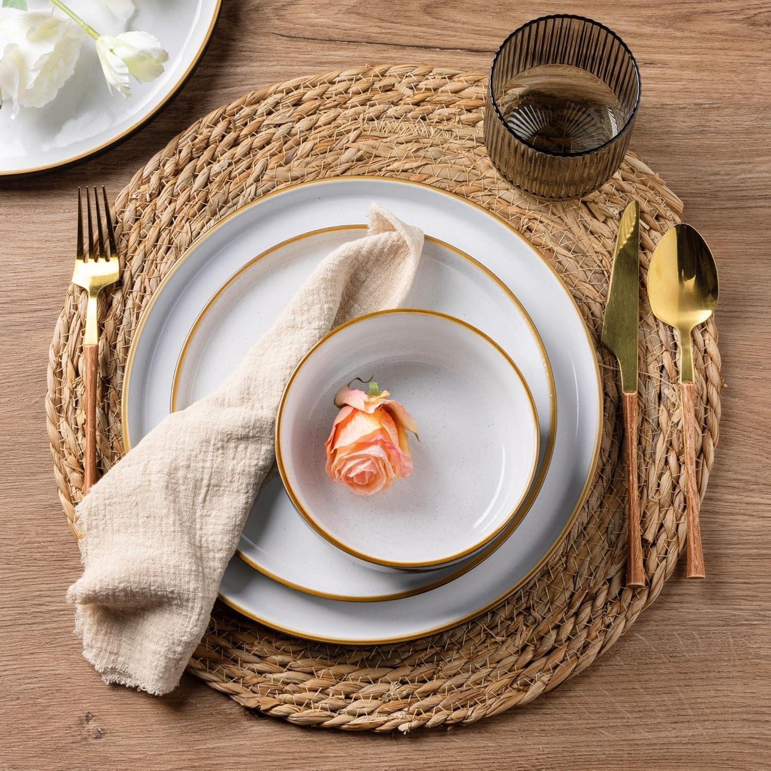 Dinnerware Set, 12 Pieces Ceramic Plates and Bowls Set, Stoneware Plates Set Handpainted, Dishwasher & Microwave Safe Dishes Set (Speckled Black & White, Service for 4)