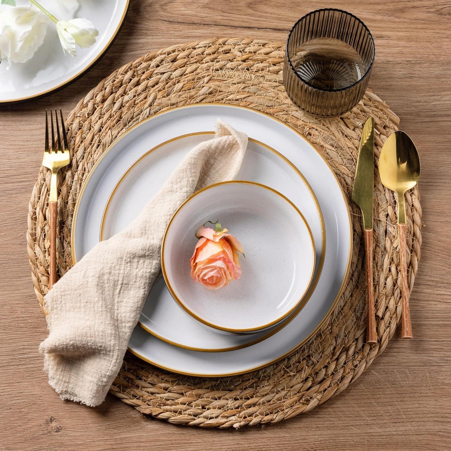 Dinnerware Set, 12 Pieces Ceramic Plates and Bowls Set, Stoneware Plates Set Handpainted, Dishwasher & Microwave Safe Dishes Set (Speckled Black & White, Service for 4)