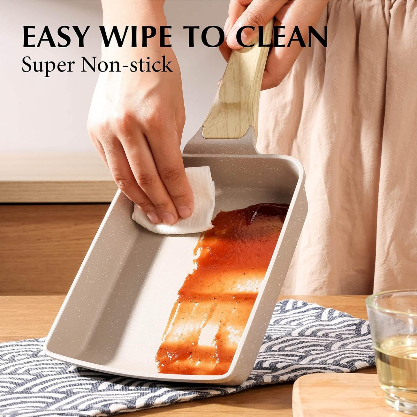 Japanese Omelette Pan, Tamagoyaki Egg Pan, Nonstick Frying Pan with Spatula, Healthy Granite Cookware, PFOS & PFOA Free, 6" x 7" (White)