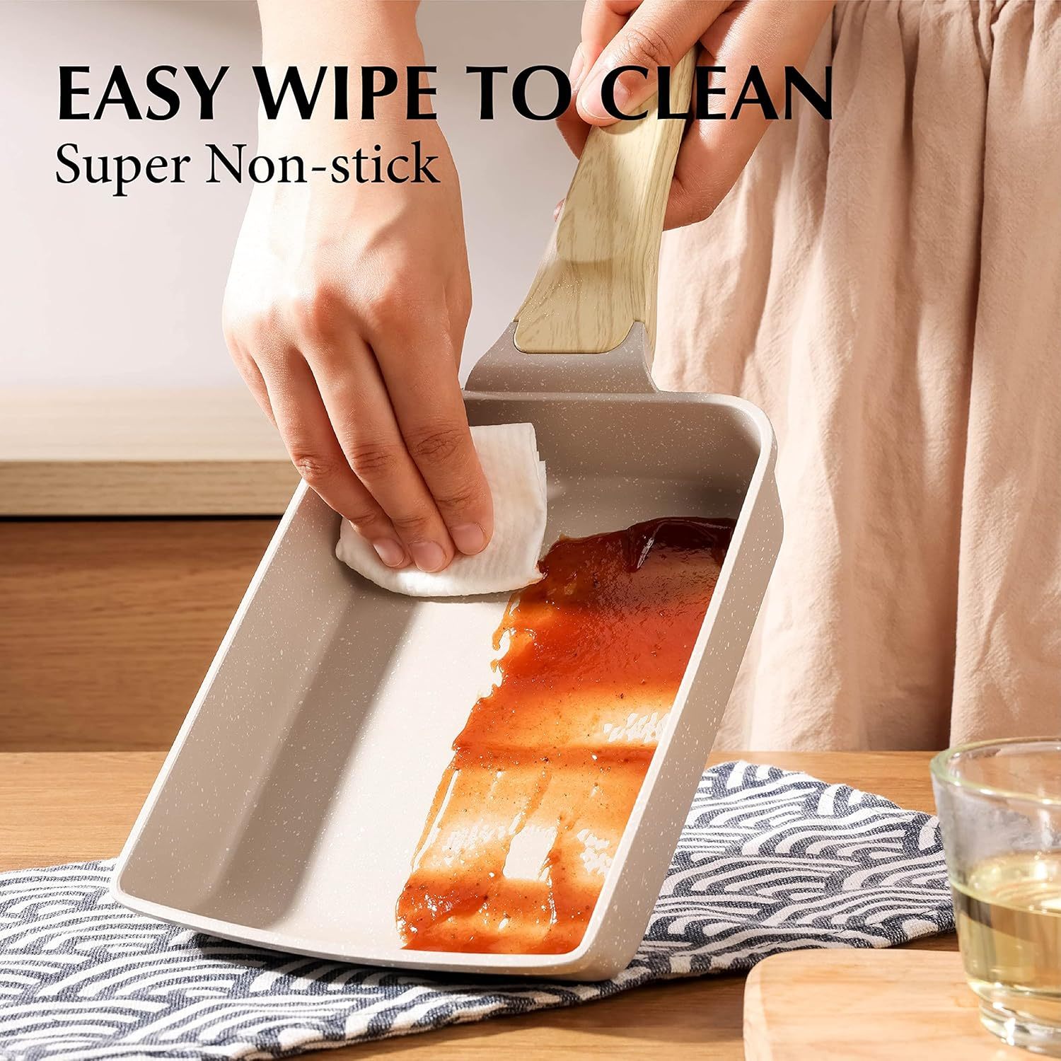 Japanese Omelette Pan, Tamagoyaki Egg Pan, Nonstick Frying Pan with Spatula, Healthy Granite Cookware, PFOS & PFOA Free, 6" x 7" (White)