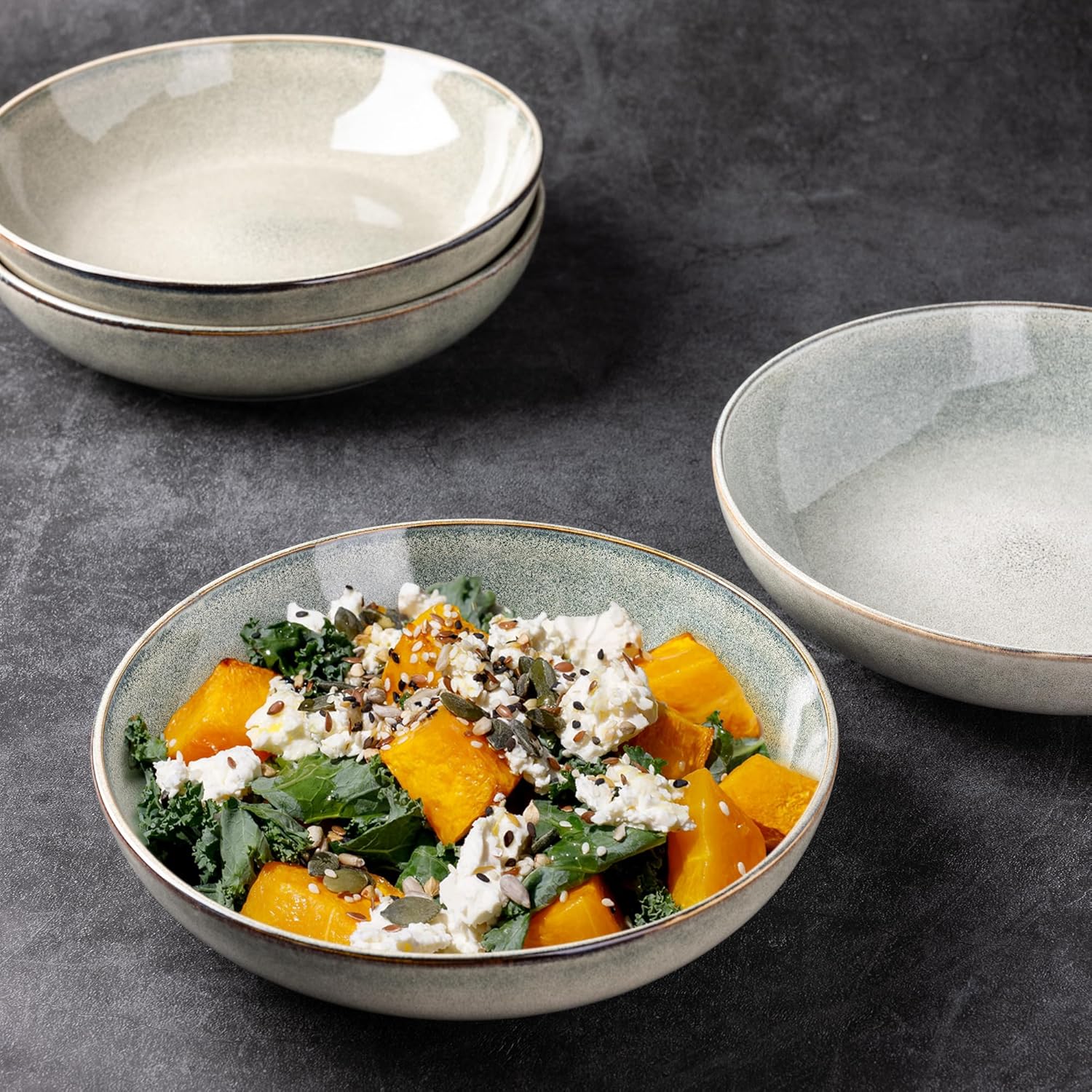 8.5'' Large Pasta Bowls, 36oz Stoneware Pasta Serving Bowls Set of 4 for Kitchen, Wide Bowls for Pasta,Salad,Oatmeal, Microwave Safe, Reactive Glaze