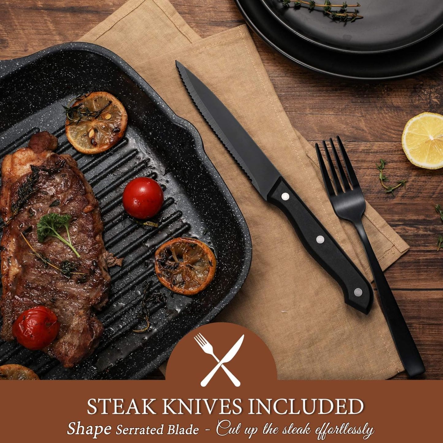 24 Pieces Matte Black Silverware Set with Steak Knives for 4, Stainless Steel Flatware Utensils Set, Hand Wash Recommended